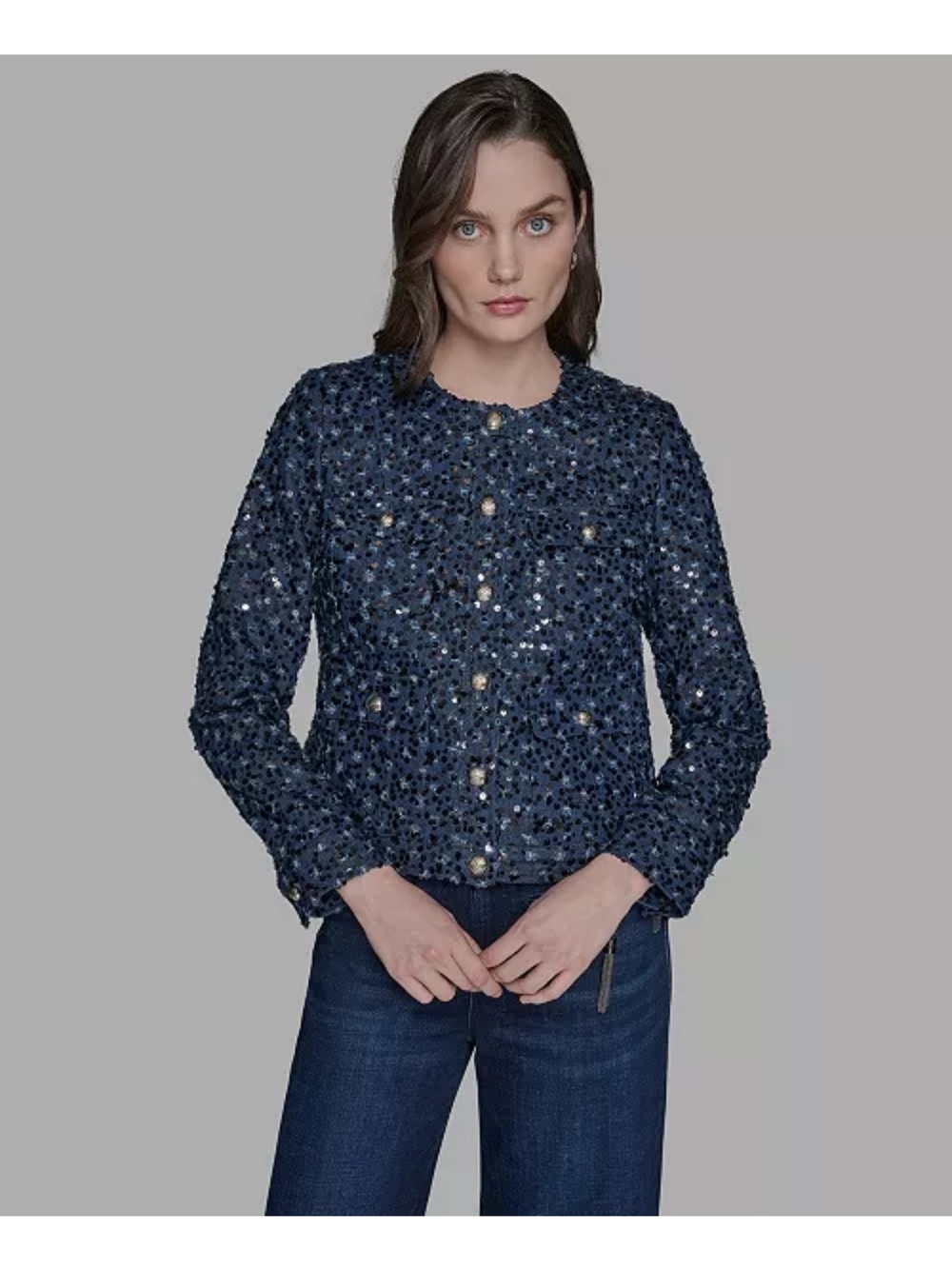 Karl Lagerfeld Navy Sequin Crewneck Jacket
